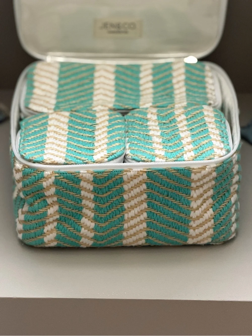 NWT Jen & Co Clear-Lined Woven Cosmetic Cases (4) in Aqua
